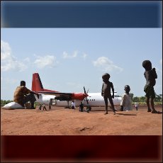 UNHCR airplane after landing on the airstrip in refugee camp Yida, some 60 km inside Republic of South Sudan.