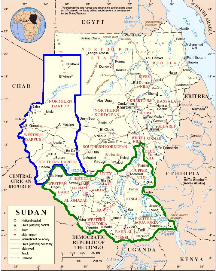 Map of Sudan with emphasized South Sudan (green) and Darfur (blue).